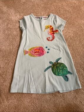 Mini Boden Light Blue Dress with Pink Fish, Green Turtle & Yellow Seahorse